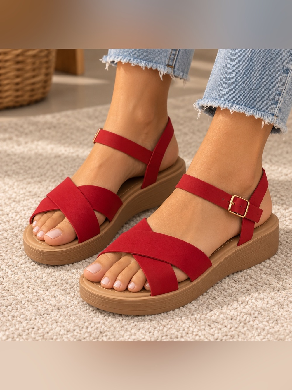 Soda Red Crisscross Platform Sandals with Buckle